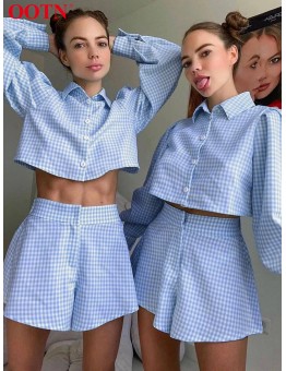 OOTN Gingham Long Lantern Sleeve Turn-Down Collar Shirt Single Breasted Crop Top Suits With Shorts High Waist Summer 2 Piece Set