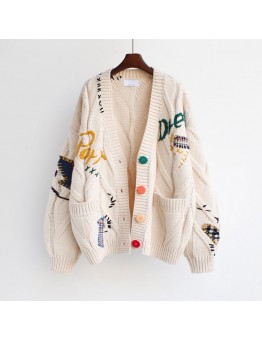 beige Autumn Winter Women Cardigan Warm Knitted Sweater Jacket Pocket Embroidery Fashion Knit Cardigans Coat Lady Loose Sweaters