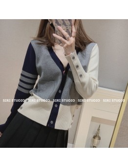 TB knitted cardigan sweater with women's spring and autumn college style four-bar retro lazy V-neck color-blocking top coat